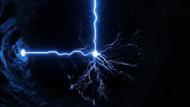 Powerful electric plasma arcs dramatically across a void, casting intense light in a dark environment arc, energy, intense