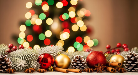 Christmas decoration with red and gold ornaments, small gifts, pine leaves, and warm bokeh lights in the background.