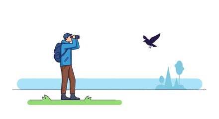 A person with binoculars observes a dark bird in an outdoor setting