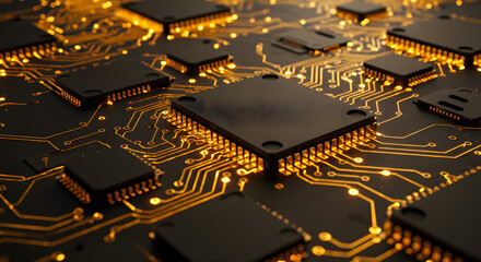 Detailed View of a Modern Computer Circuit Board with Glowing Connections.