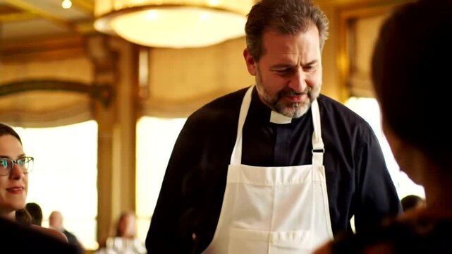 A priest wearing an apron serves food to a person at a restaurant.