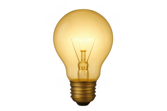 Glowing light bulb illuminating, representing an idea, innovation, or solution. Energy and electricity concept. Transparent background