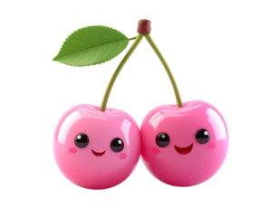 Two pink cherry fruits with cute, smiling faces and a single leaf, digitally rendered against a plain background