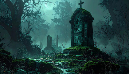An old, moss-covered tombstone with a cross stands in a spooky, foggy forest cemetery at night.