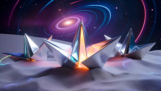A surreal scene depicting metallic origami creatures emerging from a patch of cosmic sand, stars twinkling in hypnotic patterns above. Their sharp, angular forms reflect a spectrum of neon hues, inter - Powered by Adobe