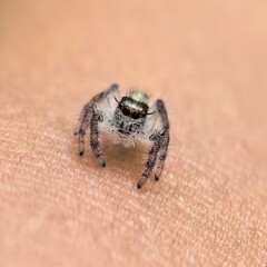 Small spider poses on human skin