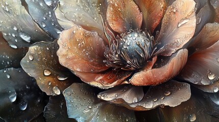 Detailed close-up painting of a peony flower with water droplets, featuring a rich color palette