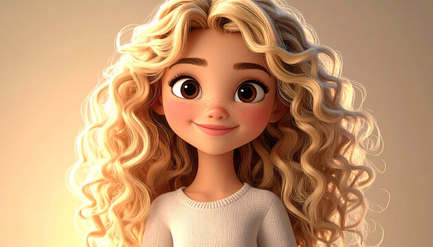 A beautiful 3D animated portrait of a young woman with voluminous, curly blonde hair, big brown eyes, and a gentle smile.