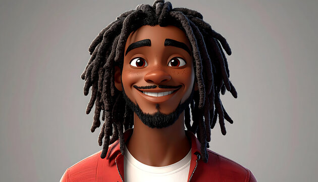 A charming 3D animated portrait of a young Black man with dreadlocks and a beard, smiling warmly against a neutral background. - Powered by Adobe