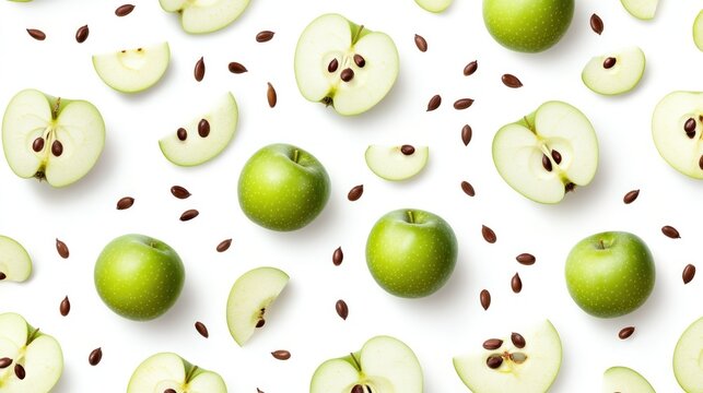 Green apples and seeds pattern on white.