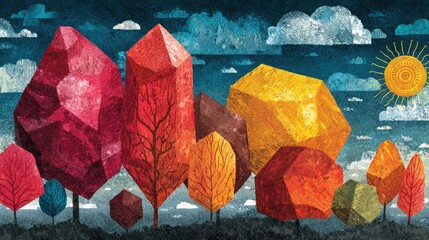 Colorful Geometric Trees and Rocks Under a Bright Sun Illustration