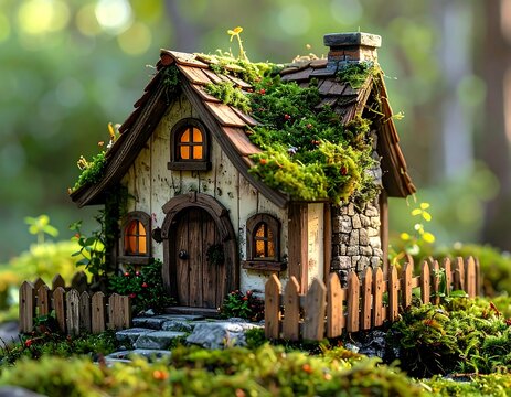 Detailed view of a miniature cottage with moss-covered roof and small picket fence - Powered by Adobe