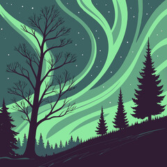 Aurora borealis illuminates a forest landscape with trees and starry sky