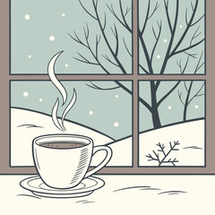 Cozy winter scene with a cup of hot drink by the window
