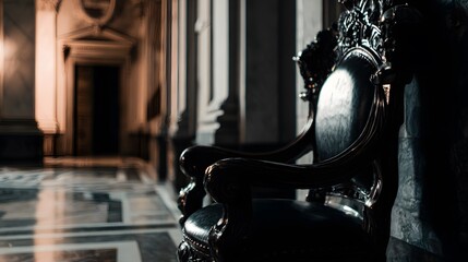 throne. Empty ornate throne in grand hall with soft side lighting and shallow depth of field. real-estate listings.