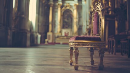 throne. Empty ornate throne in grand hall with soft side lighting and shallow depth of field. real-estate listings.