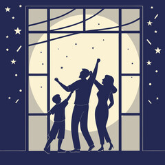 Family gazing at the moon and stars through a window at night time scene