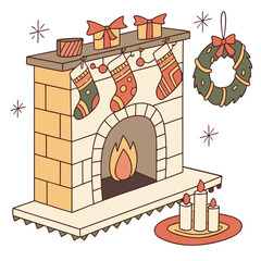 Festive fireplace with stockings and wreath