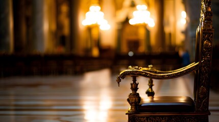 throne. Empty ornate throne in grand hall with soft side lighting and shallow depth of field. real-estate listings.