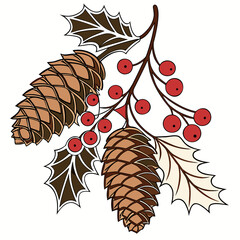 Festive pine cones and holly berries