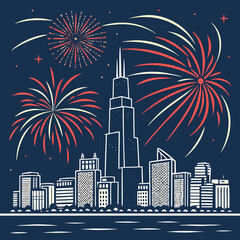 Fireworks over chicago city skyline at night celebration scene illustration