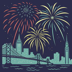 Fireworks over city skyline with bridge at night celebration scene