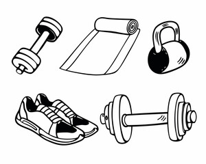 Fitness equipment including dumbbells, yoga mat, kettlebell, and running shoes