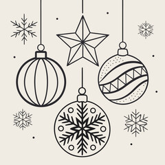 Hanging christmas ornaments and snowflakes