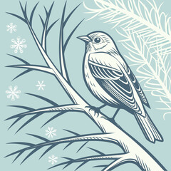 Illustration of a bird perched on a branch in winter