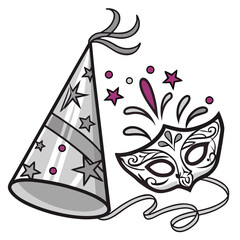 Party hat and masquerade mask for celebration