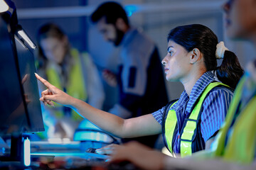 A female logistics operator monitors the supply chain in real time. She works in a smart factory, using AI data for efficiency, optimization, and quality control.