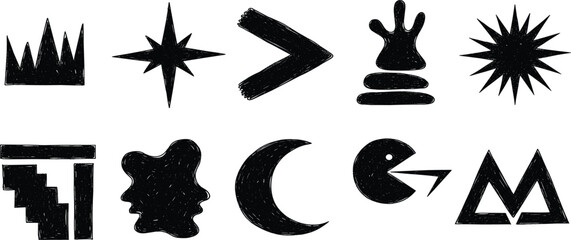A collection of hand-drawn scribble shapes including squares, circles, and banners. Abstract messy sketch elements with a grunge texture for design
