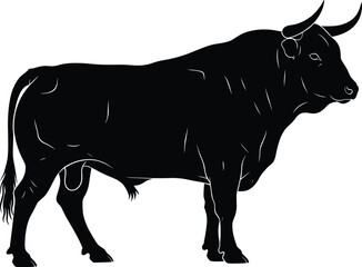 Black bull silhouette standing in side view, detailed vector illustration for farm animal design, agriculture, livestock, strength, power, and wildlife graphic artwork