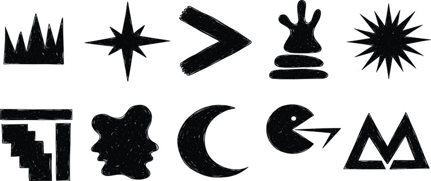 A collection of hand-drawn scribble shapes including squares, circles, and banners. Abstract messy sketch elements with a grunge texture for design