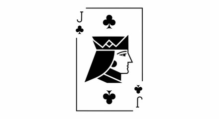 Illustration of jack of clubs playing card with black suit symbol and face card inside frame design