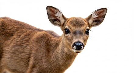 Fototapeta premium Captivating young deer gazes directly forward with beautiful soft fur brightly isolated on white. AI Generated