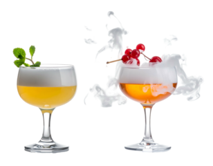 Two cocktails in stemmed glasses, one garnished with berries, one with mint, both topped with foam and vapor