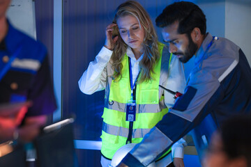 A diverse engineering team, a smiling Caucasian woman in a safety vest and an Indian man,...