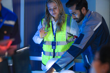A diverse engineering team, a Caucasian woman in a safety vest and an Indian man, collaborates at...