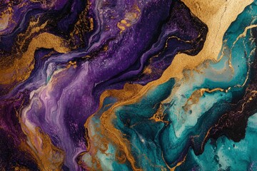 Naklejka premium A mesmerizing abstract design featuring flowing, swirling patterns of deep purple, teal, and gold hues.
