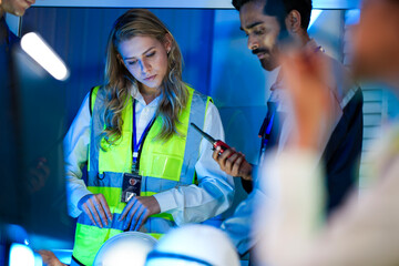A diverse engineering team, a smiling Caucasian woman in a safety vest and an Indian man,...