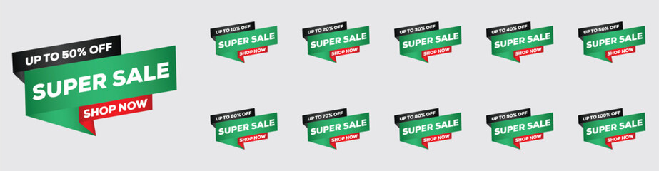 Super Sale Banner Collection – 10% to 100% Off Editable Web Design – Black, Green & White Abstract