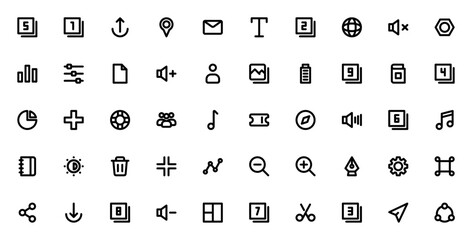Element UI_5834 icon set. Minimal vector icons pack.Includes symbols for uploa, email, globe, settings, ownload, share, music, map user, battery and more. Eitable stroke.