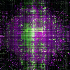 abstract digital grid background with glowing neon green and purple pixels, futuristic matrix-style glitch pattern for tech-themed overlays, posters, or digital design projects