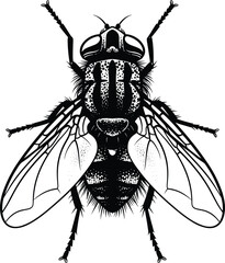 Detailed housefly vector illustration, realistic black insect drawing with transparent wings and fine body texture, entomology biological design for science and pest control