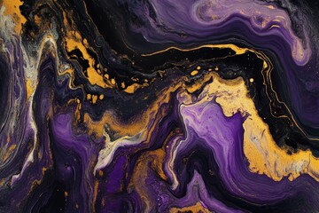 An abstract art piece showcasing a mesmerizing blend of deep purple, black, and gold hues, exhibiting swirling patterns and textures.