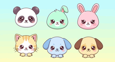 Obraz premium Cute Kawaii Animal Faces Set Panda, Bunny, Cat, Puppy, and Dog Illustrations