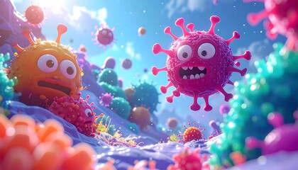 Whimsical Cartoon Viruses with Googly Eyes Floating in a Vibrant Microscopic World
