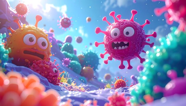 Whimsical Cartoon Viruses with Googly Eyes Floating in a Vibrant Microscopic World