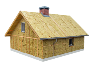 Unfinished house with insulation showing, revealing interior construction against a stark black background